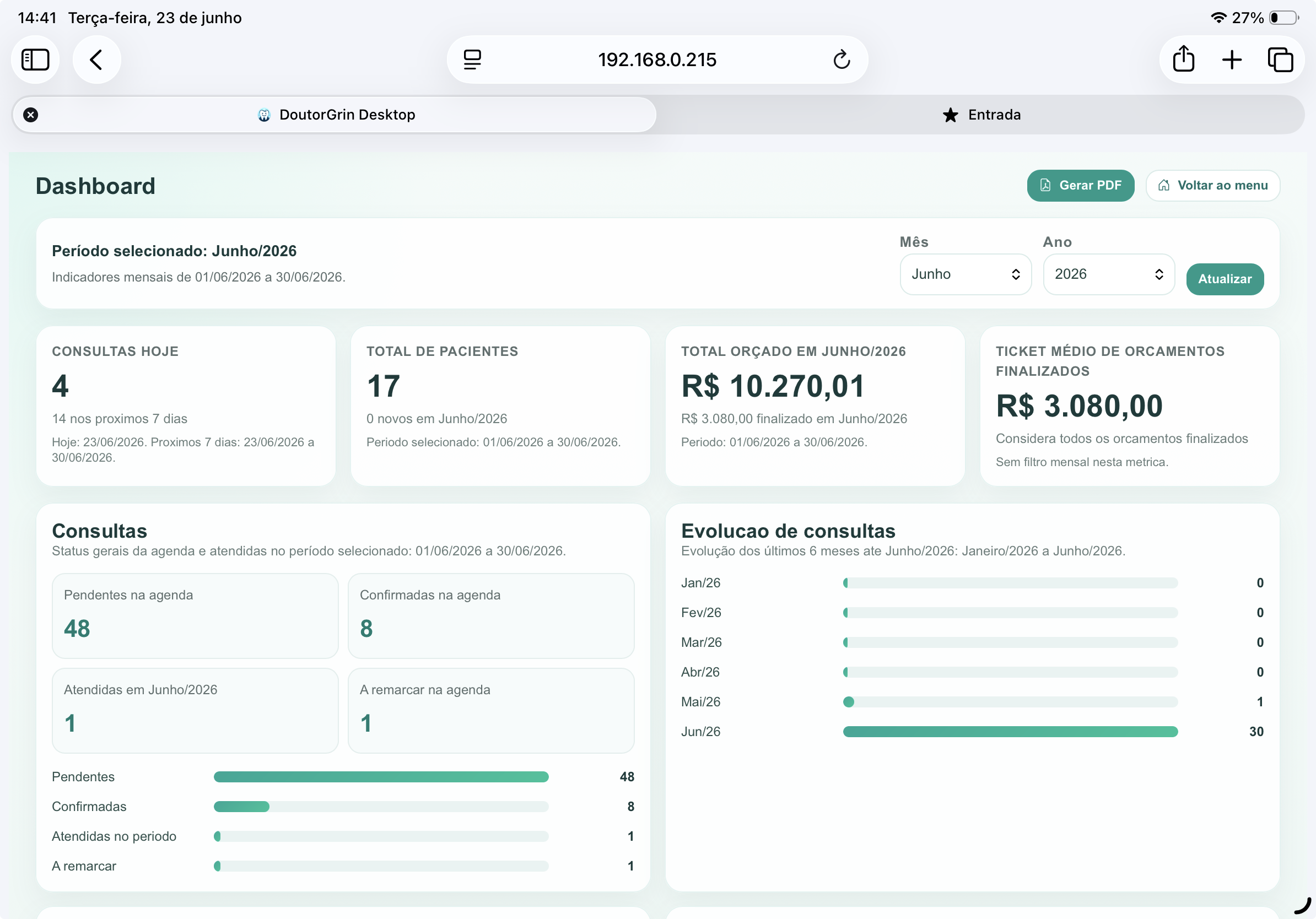 Dashboard Desktop/Tablet do DoutorGrin