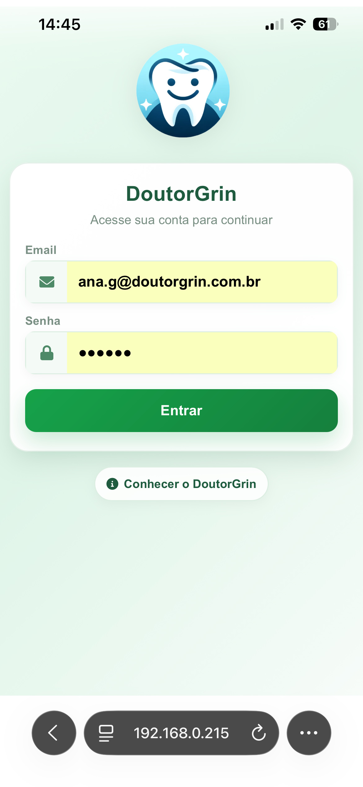 Login mobile do DoutorGrin
